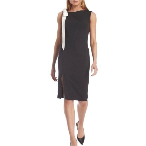 Calvin Klein Asymmetric Bow Knee Length Sheath Dress - Picture 1 of 14